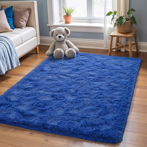 Zentavio Rugs for Boys Room Blue 3x5 Area Rugs for Living Room Small Navy Carpet for Bedroom Washable Soft Fluffy Shag Aesthetic Plush High Pile Throw Rug for Nursery Kids Room Dorm Room