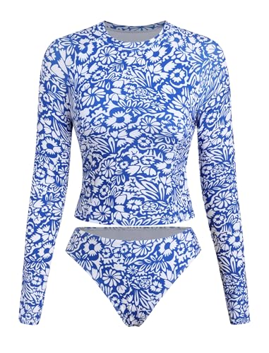 Image of ZAFUL Womens Rash Guard Swimsuits Long Sleeve Sun Protection Bathing Suit Tropical Swim Shirts with Briefs