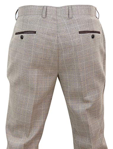 Mens Check Tweed Beige Brown Trousers Wedding Prom Vintage Retro Classic3