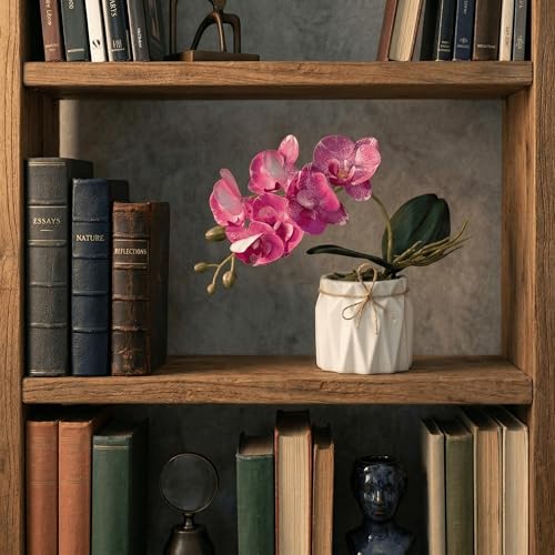 Image of Dekorly Artificial Lavender Plant in White Pot, 18cm - Realistic Faux Flower Arrangement for Home & Office Decor (Set of 1) (1, Pink Orchid)