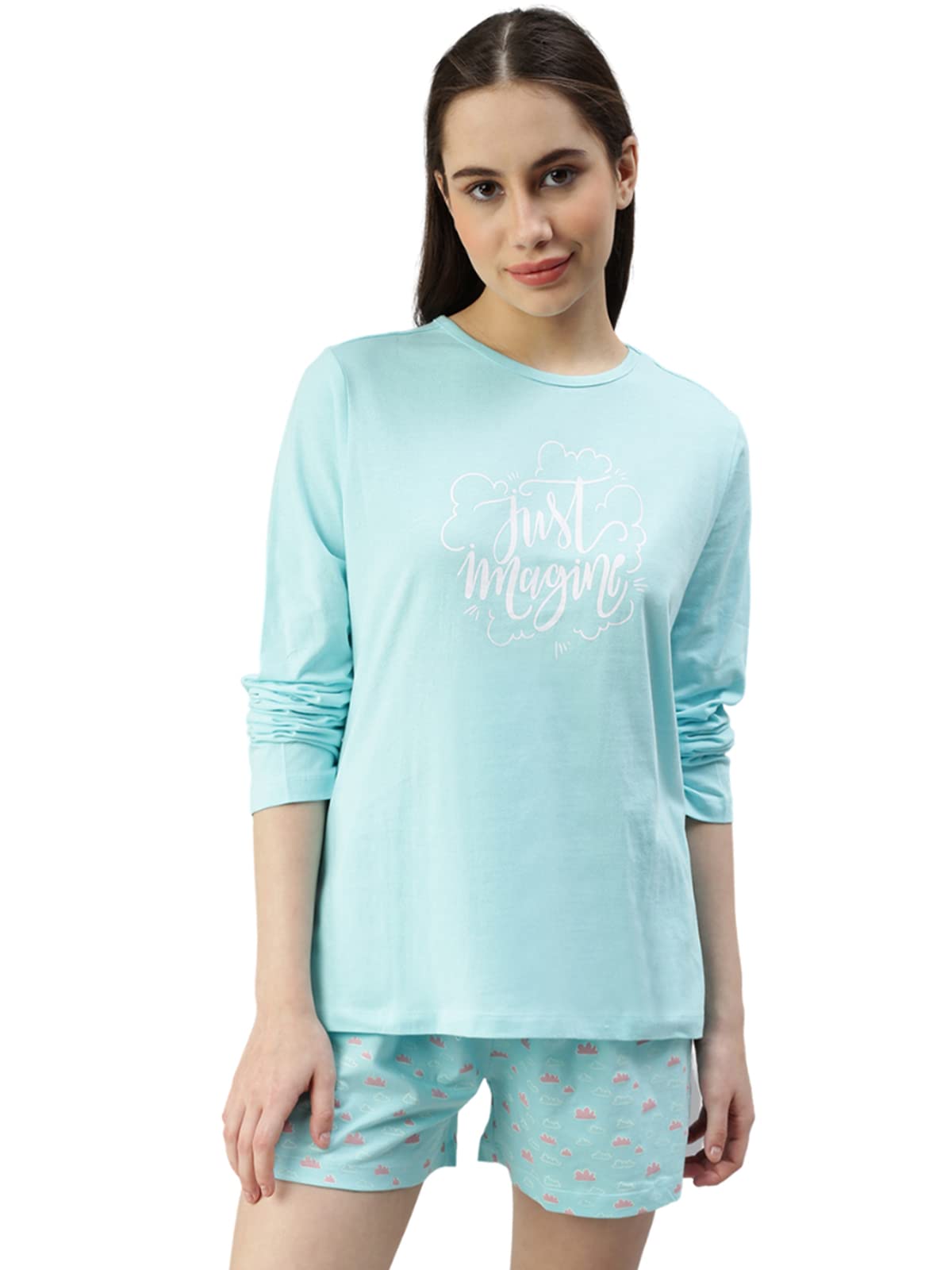 Pure Cotton Ice Blue Sleep Wear Set of Solid Top & Printed Bottom-image-39