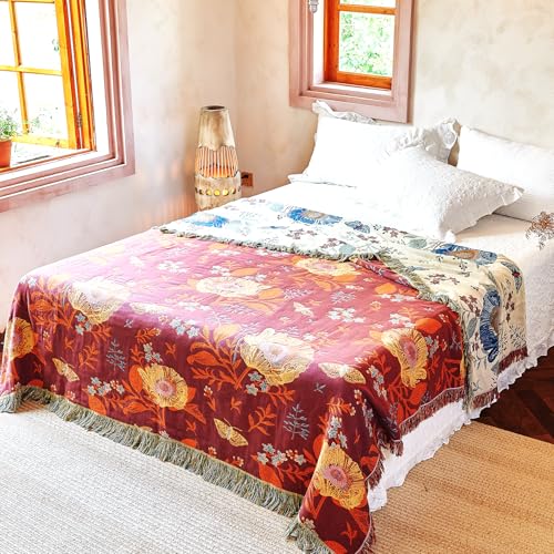 Boho Throw Blanket, 100% Organic Cotton Breathable Ultra Soft Bed Quilt Throw - All Season Floral Bird Butterfly Farmhouse Decor Blanket for Sofa Couch Chair and Gift. 80" x 90"