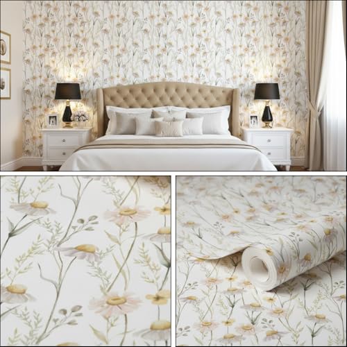 Image of Floral Wallpaper Peel and Stick - Flower Design Self Adhesive Wall Paper for Living Room, Bedroom, Kitchen, Removable Waterproof Wall Decor (MG17, 16X90 Inch)