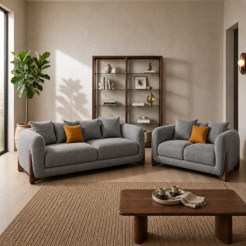 Image of Modern Sofa, Teddy Fabric, Chesterfield Style, Wooden Legs, for Living Room, Bedroom, Hallways (3+2 Seater, Light Grey)