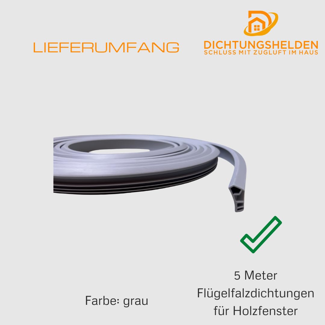 Guarnizione di alta qualità, bianca, per finestre in legno, 5 metri, ideale per scanalature di 5 mm, profondità scanalatura di 12 mm, durevole con passerella (grigio)