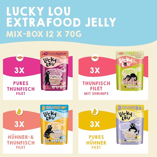 Lucky Lou Extrafood Mix-Paket 36 x 70g Katzenfutter nass - hochwertiges Katzenfutter mit viel Protein - Nassfutter getreidefrei & ohne Zucker für Katzen