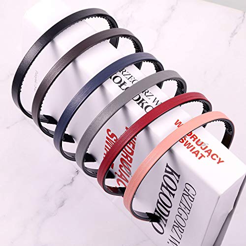 Willbond 6 Pieces Skinny Leather Covered Headband Plastic Simple Headbands For Women Girls Hairbands Hair Hoop Solid Color Headband (Matte Pink, Wine Red, Navy Blue, Coffee, Black And Grey, 1.1 Cm) #TOP1
