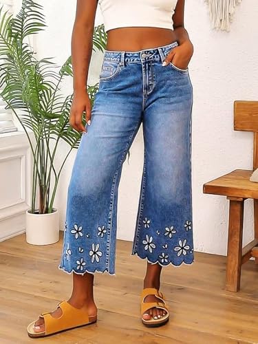 Flamingals Women's Wide Leg Crop Jeans Mid Rise Floral Embroidery Strechy Casual Trendy Denim Pants3