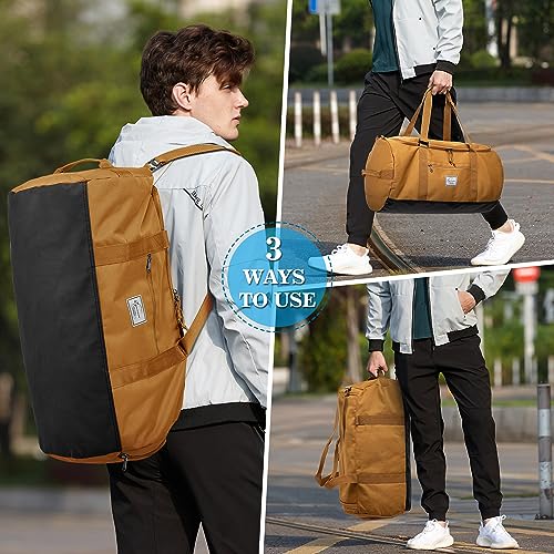 Lyweem Sports Gym Bag Men - 60L Large Travel Duffle Bag with Shoe Compartment, Weekend Holdall Bags, Overnight Duffel Bag Backpack, Brown - Image 3