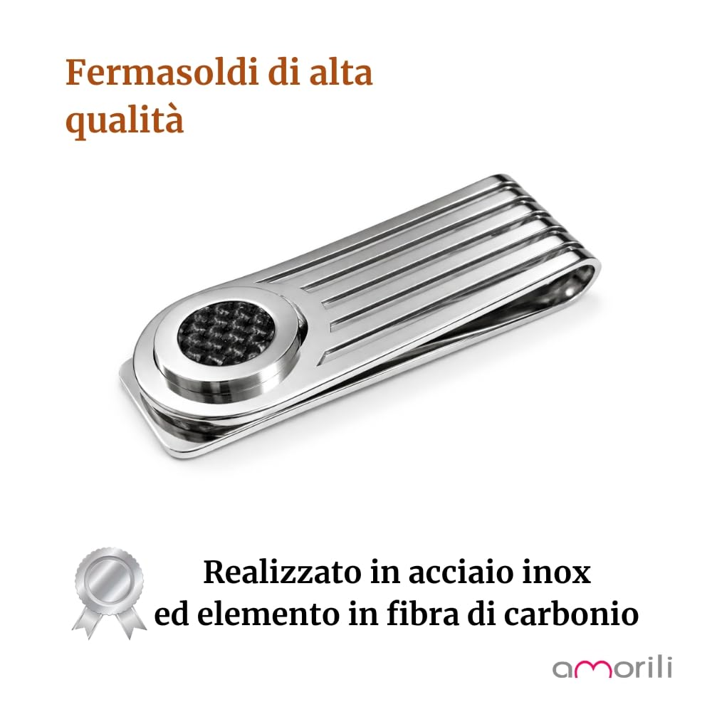 Fermasoldi Uomo in Acciaio Inox con Fibra di Carbonio – Accessorio Moderno ed Elegante – Clip Ferma Banconote a Molla per Soldi – Idea Regalo Uomo