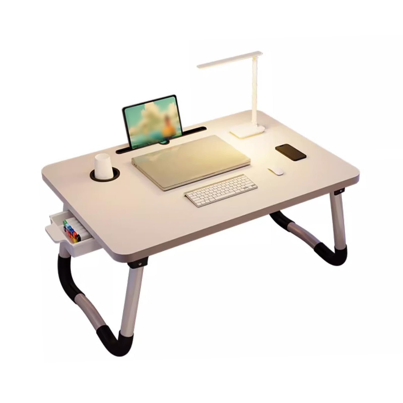 Rengue Tavolo Pieghevole da Letto per Laptop con Portabicchieri Cassetto, Nessun Montaggio Necessario per Divano, Pavimento, Lettura, Scrittura, Mangiare