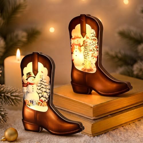 Fumete 2 Pcs Christmas Cowboy Boots Lighted Wooden Table Centerpi...