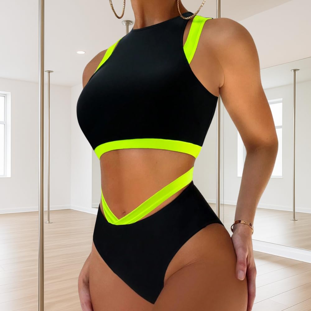 Set di abbigliamento per Pole Dance/Pole Exotic/Pole Sport - Sportivo con Nero e Neon