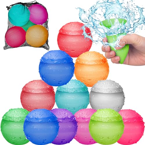 Reusable Water Balloons for Kids Adults, Refillable Summer Beach Pool Toys for 3 4 5 6 7 8 9 10 11 12 Year Old Boys Girls, Quick Fill Self-Sealing Outdoor Backyard Activities Games for Fun (12 Pcs)