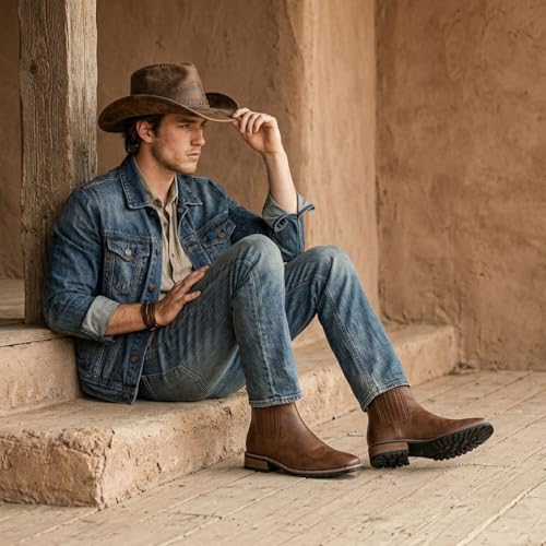 Image of JASONSTAR Cowboy Boots for Men Square Toe, All-Weather Slip-On Work & Casual Western Chelsea Boots -botines para hombre