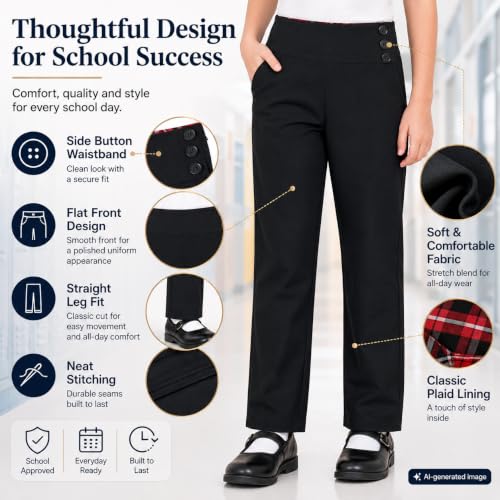 Image of Bienzoe Girls School Uniform Pant: Kids Adjustable Waist Durable Straight Leg Dress Trouser