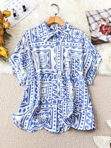 Image of Gufrina Women's Polyester Shirt with Pocket Half Raglan Sleeves Spread Collar Neck Geometric Printed Relaxed Fit and Standard Length