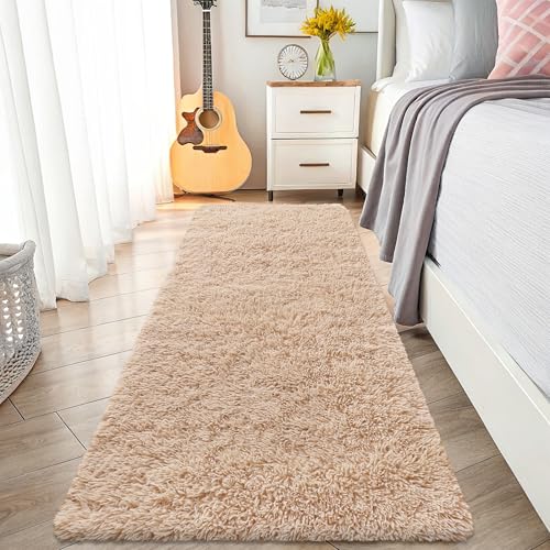Image of smiry Fluffy High Pile Runner Rugs Bedside Carpet 90x210 cm, Beige