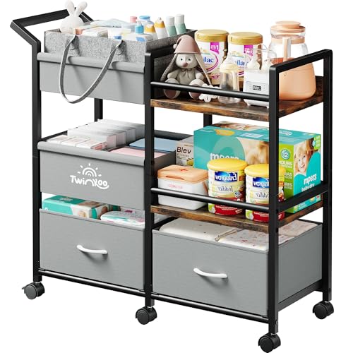 Image of Twinkoo 2-in-1 Baby Diaper Caddy Organizer, 3 Tier Rolling Storage Cart with Dividers and Drawers, Baby Essentials for Nursery Storage, Mobile Utility Cart with Wheels Large Capacity Easy to Assemble