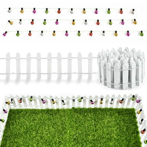 Wichtel Zubehör Weihnachten Miniatur Zaun Holzzaun, 90 x 5 cm Gartenzaun Holz mit 100cm Wichtel Lichterkette Miniatur, Weihnachten Puppenhaus Zubehör, DIY Dekor Weiß (B)