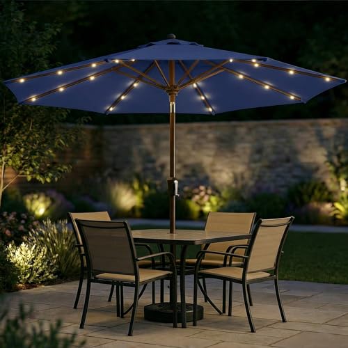 Patio Kingdom 11FT Solar Patio Umbrella with Lights, Outdoor Table Market Umbrella with 32 LED Lights, 8 Sturdy Ribs, Smooth Crank Lift for Pool, Deck and Garden, UV-Resistant, Navy
