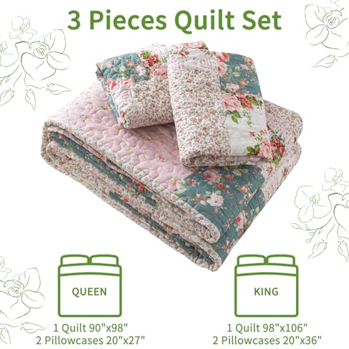 VAPUTAR Queen Size Quilt Set - Reversible Floral Queen Size Bedspreads with Wavy Edges - Lightweight Farmhouse Queen Quilt Bedding Sets for Bed Decorations, 3 Pieces