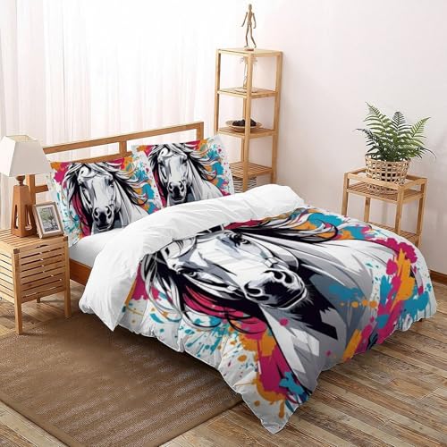 Housse de couette poney imprimé 3D couleur parure de lit microfibre 200x200cm avec 2 taies
