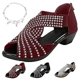 Orthopedische Sandalen, Orthopedische Sandalen Met Lage Hak En Uitsnijding, Damesschoenen Met Glinsterende Strass Steentjes En Open Teen (Rood,40)
