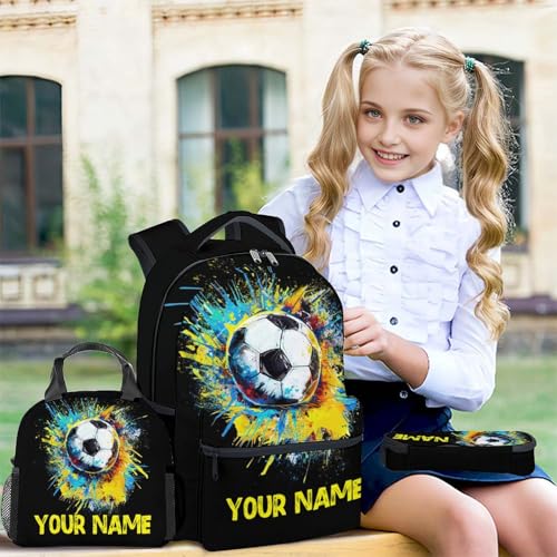 Personalized Soccer Backpack with Lunch Box and Pencil Case Set, 3PCS Matching Teens Colorful Backpacks Combo, Bookbag and Pencil Case Bundle3