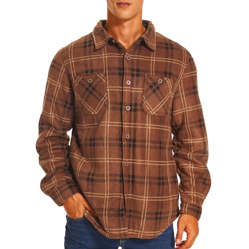 Image of HODOSPORTS Mens Flannel Shirts Jacket Fleece Sherpa Lined Heavyweight Button Down Plaid Shirts Coat Long Sleeve with Pockets