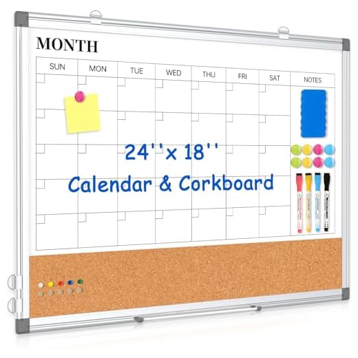 Monthly Calendar Whiteboard Dry Erase Cork Board Combo for Wall, 24" x 18" Double-Sided Calendar White Board and Bulletin Board, Portable Board for Office, Kitchen, School, Home