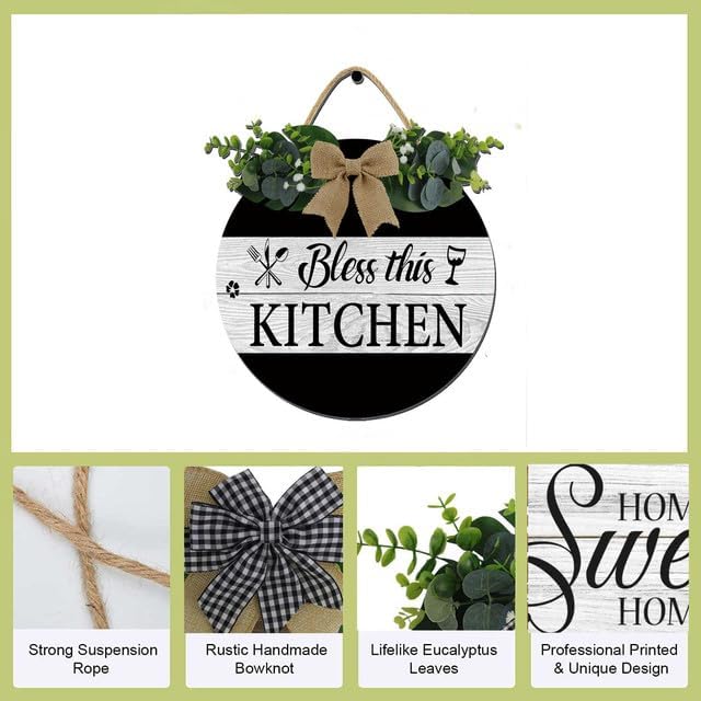 Bless This Kitchen Farmhouse Rustic Wooden Wreath Hanging Sign - Kitchen Wall Decor