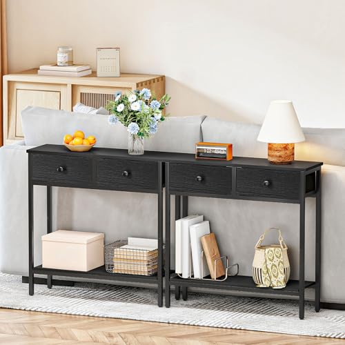 Image of HOOBRO 29.5 inch Narrow Console Table with 2 Fabric Drawers, Small Entryway Table with 2-Tier Storage Shelves, Sofa Table, Behind Couch Table, for Living Room, Hallway, Black BB71XG01