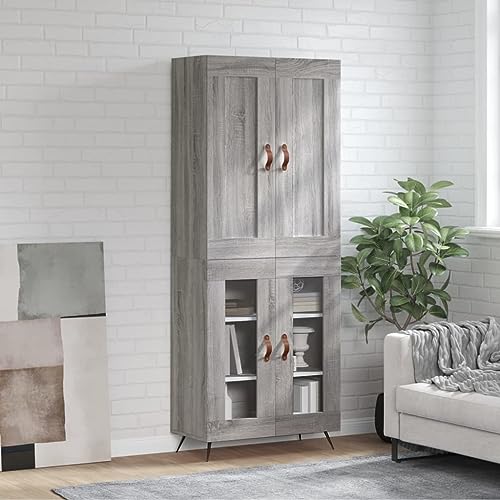 Ordellia Moderno Highboard gris Sonoma 69,5 x 34 x 180 cm de material de madera, con mucho espacio de almacenamiento, patas de hierro estables y prácticas puertas para salón y cocina