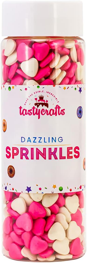 Tastycrafts Edible Heart Shape Sprinkles | Pink and White Mix Heart | Hearts Sweet Candy Topping for Cake Decor | Cake Decoration and Garnishing | Best use for Cupcake, Pastry, and Cake Toppers