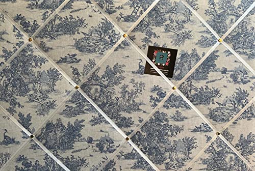 Custom Handmade Bespoke Fabric Pin Memo Notice Photo Cork Memo Board With Vintage French Lovers Toile De Jouy Navy With Your Choice of Sizes & Ribbons