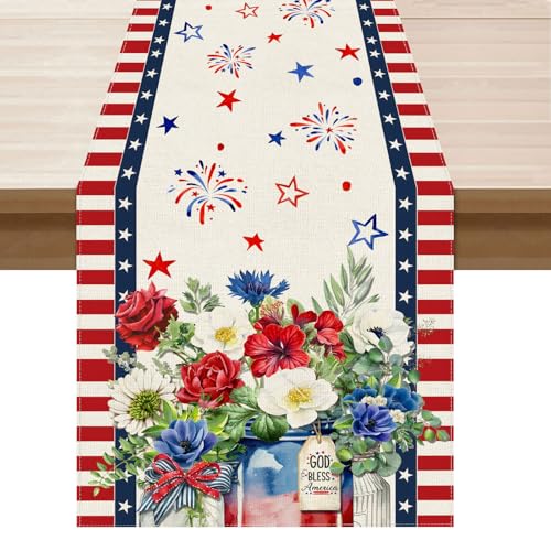 XCHI Stripes Colorful Flowers Vases Stars Fireworks Patriotic America 4th of July Memorial Day Independence Day Table Runner Decoration for Home Kitchen Holiday Party 13x72 Inch