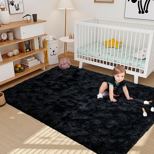 Black Rugs for Living Room Fluffy 5x7 ft Bedroom Rug Non-Slip Area Rugs Shag Carpet for Nursery Kids PlayRoom Dorm Office Indoor Modern Plush Carpets Boys