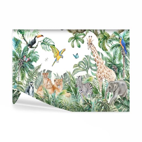 decomonkey Papier Peint Panoramique Intissé Jungle et Animaux 350x256 cm - Motif Tropical Design Tendance, Décoration Murale Chambre - Facile d’entretien,...
