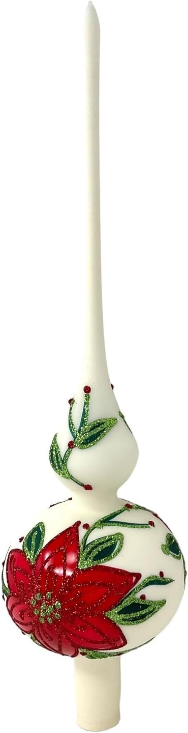 Pinnacle Peak Trading Poinsettia Design White Polish Glass Finial Christmas Tree Topper 14.5 inch