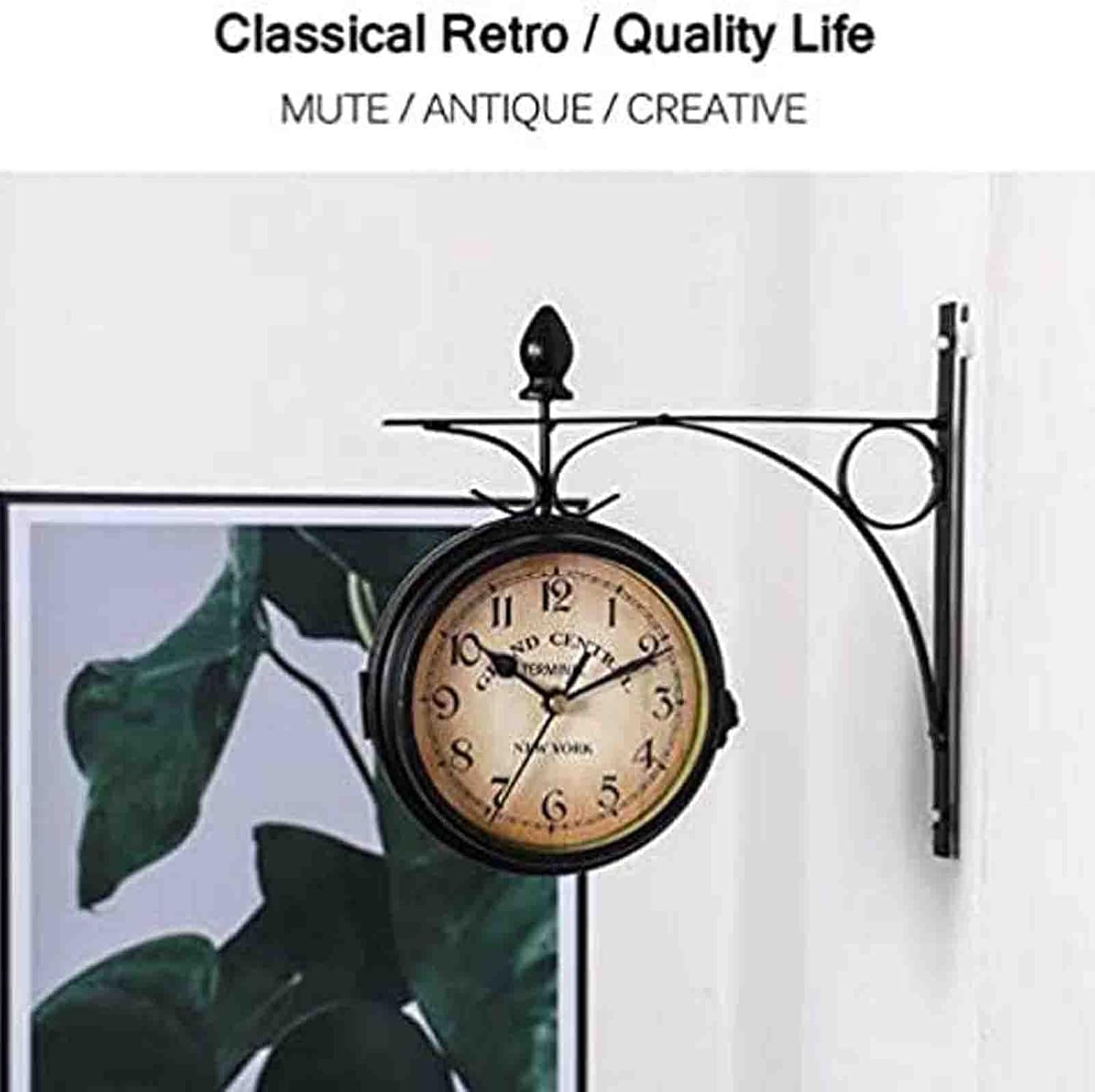 Wall Clock, Wall Timer, Garden Wrought Iron, Outdoor Double-Sided Design Wall Hanging Clock with Bell, Vintage for Garden Home Decoration