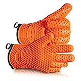 Silicone Oven Mitts with Inner Cotton Layer - Heat Resistant BBQ & Grill Gloves for Cooking, Baking & Barbecue - Five Finger Potholders - Orange -  TOPULORS