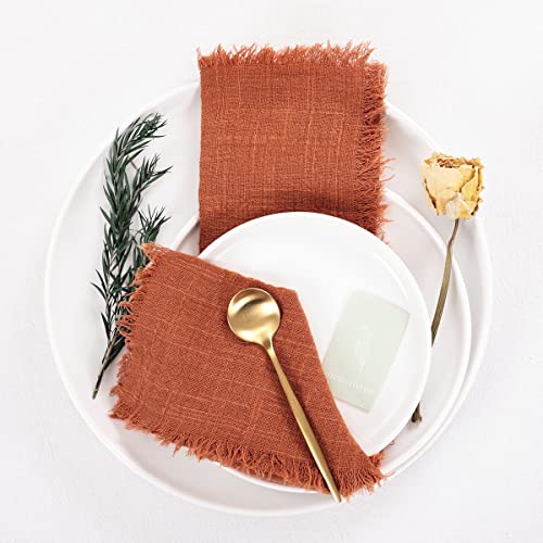 Socomi Handmade Cloth Napkins With Fringe Set Of 8 Terracotta Cotton Linen Napkins 18"X18" Rustic Dinner Napkins Bulk For Wedding Party Baby Shower #TOP5