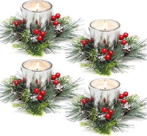 KAHEIGN 4Pcs Christmas Candle Rings, 20CM Artificial Red Berries Wreath Snowy Pine Needles Candle Holder for Pillars Rustic Wedding Centerpiece Front Door Christmas Table Party Decoration