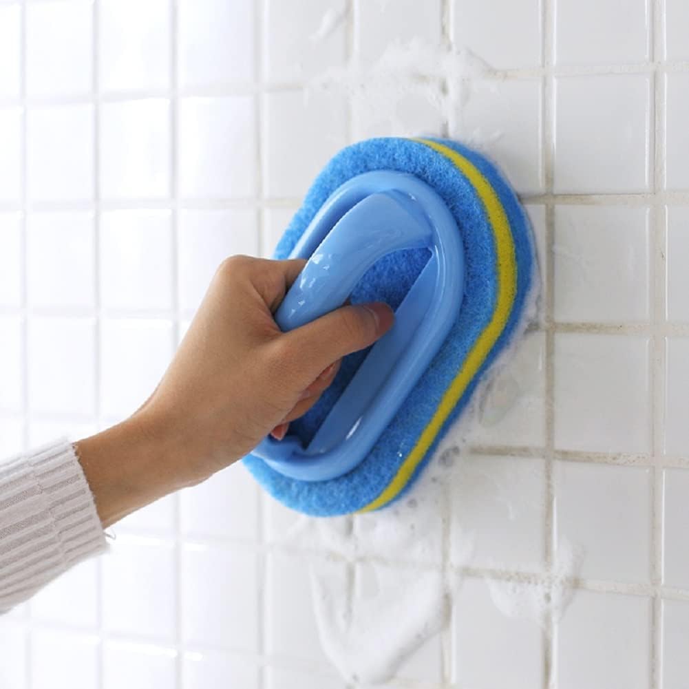 Handled Bathtub Scrubber Sponge Brush,Blue Soft Magic Sponge Eraser Bathtub Ceramic Tile Cleaner Kitchen Pool Scrub Cleaning Brush Strong Scouring Pads Scrubbers Dish Washing Abrasive Pads Brush