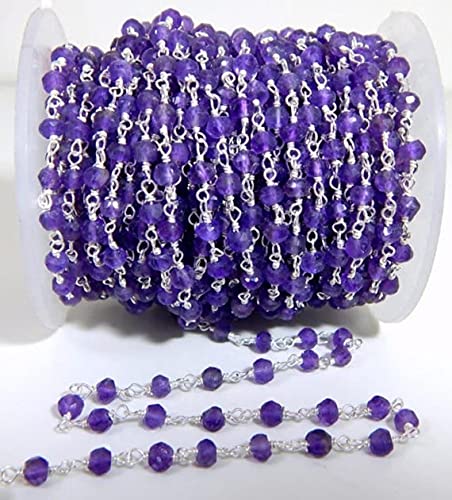 LKBEADS Ametyst kamień szlachetny 3-4 mm fasetowany posrebrzany różaniec wermil ogniwo łańcuszek 25,5 m