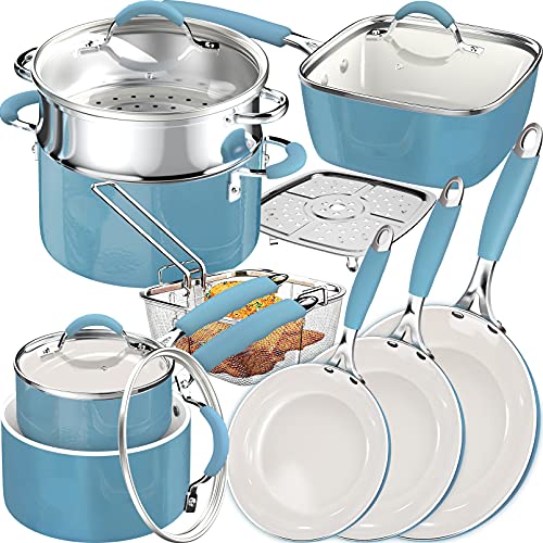 14-Piece Induction Pots and Pans Set, Cookware Set with Silicone Grip, Non-Stick Ceramic Coating, Frying Pan, Skillet, Stock Pot, Sauce Pan, Stainless Steel Steamer, Easter Sunday, Mother's Day gift