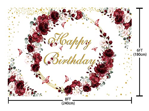 Sendy 8X6Ft Burgundy Floral Birthday Backdrop For Girls Gold Glitter Happy Birthday Party Photography Background Pink Floral Butterfly Birthday Party Decorations Banner Photo Studio Props #TOP4