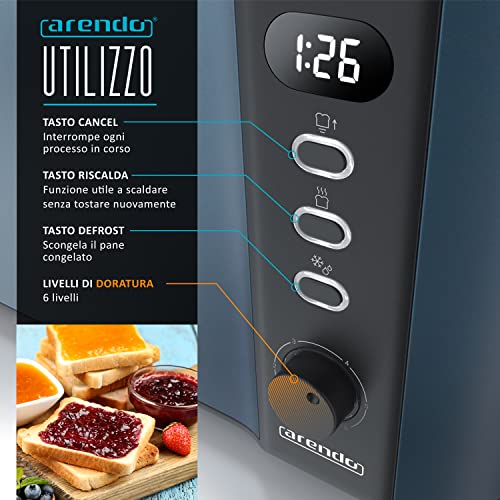Arendo - Tostapane Moderno a 2 Fessure XXL - Scongela – Doppia Parete termoisolante - con Accessorio scalda Cornetto - 1500W - Vassoio raccogli briciole - Display con Tempo rimanente - Blu Admiral - immagine 5