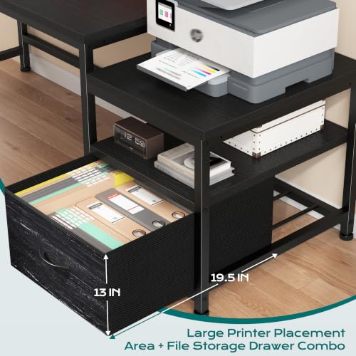 Image of EnHomee 56.5 inch Office Desk with Drawers & Printer Space for Home Work,Black | Computer Desk with 3 AC Outlets& 2 USB Ports,Waterproof LED Strip Lights,Monitor Stand & Side Pockets,Home Office,Bedroom